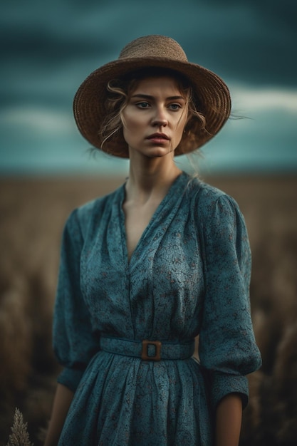 A woman in a blue dress and a hat stands in a field.