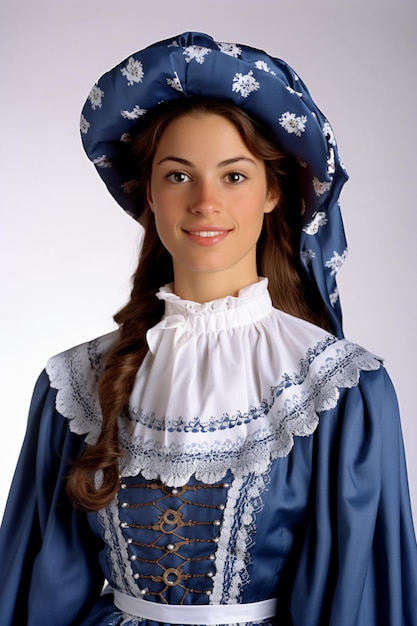 Photo a woman in a blue dress and hat