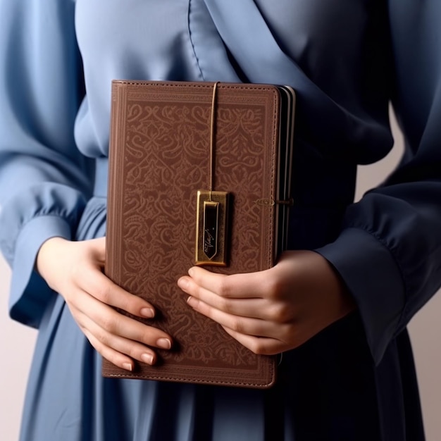 Photo woman in blue dress holding a brown book with a golden clasp generative ai