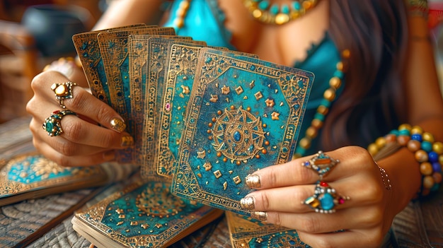 Woman in Blue Dress Holding Deck of Cards
