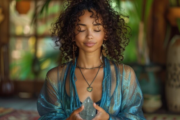 Woman in Blue Dress Holding Rock