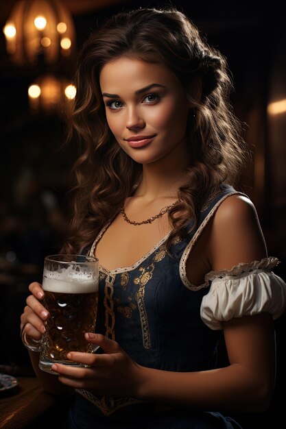 Photo a woman in a blue dress holds a glass of beer