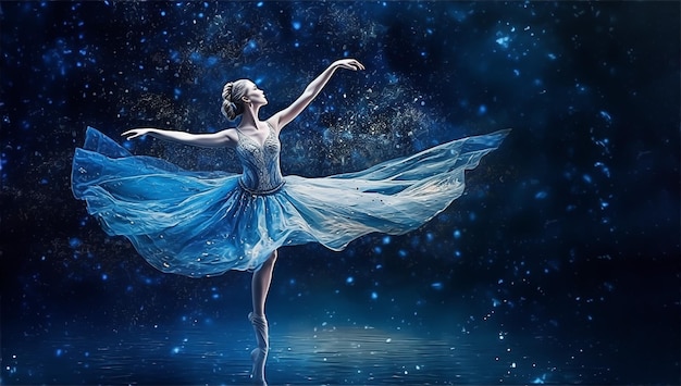 A woman in a blue dress is dancing with a starry sky in the background.