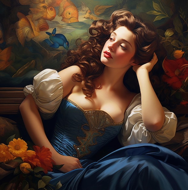 a woman in a blue dress is laying on a couch with a blue butterfly on her head.