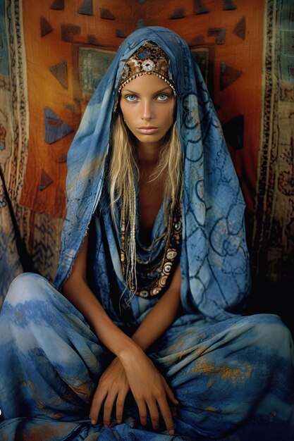 a woman in a blue dress is sitting on a couch