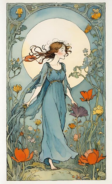 a woman in a blue dress is standing in a field with butterflies