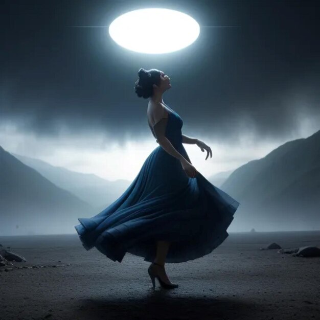 Photo a woman in a blue dress is standing in front of a moon