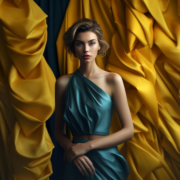 A woman in a blue dress is standing in front of a yellow curtain