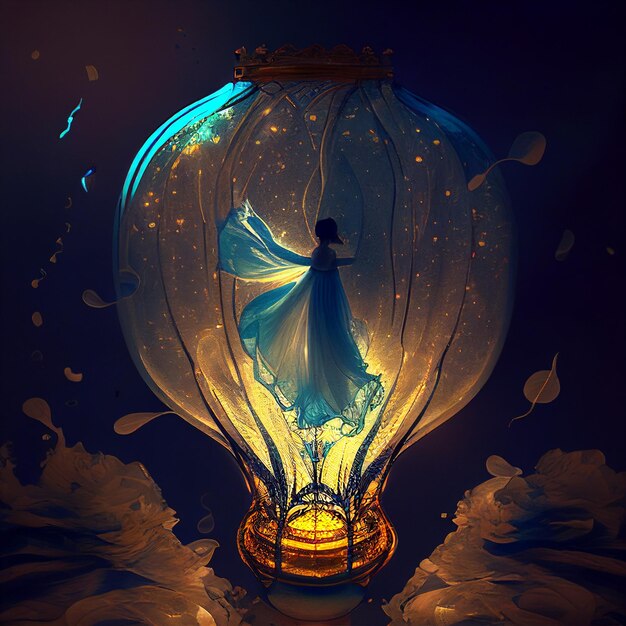 A woman in a blue dress is standing in a light bulb with a flower on it.