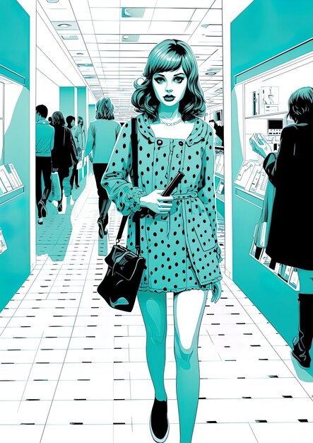 A woman in a blue dress is walking in a store.