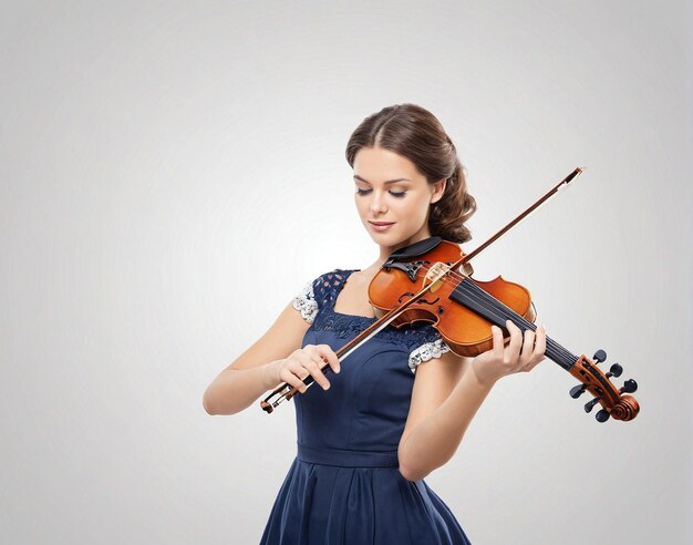 a woman in a blue dress playing the violin