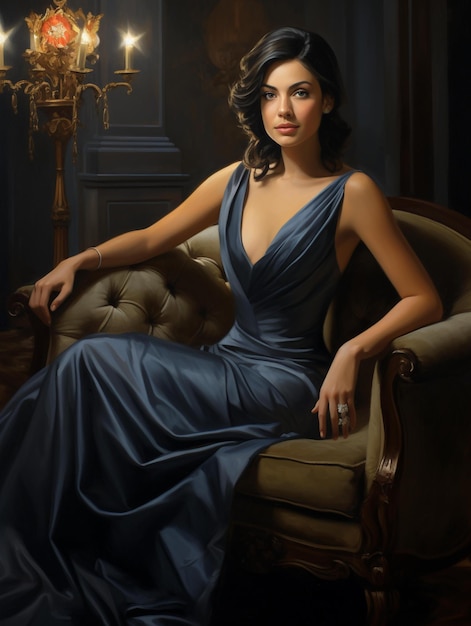 A woman in a blue dress sits in an armchair.