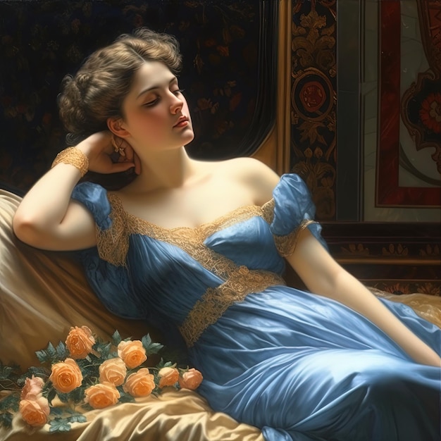 A woman in a blue dress sits on a chair with roses on the left side.