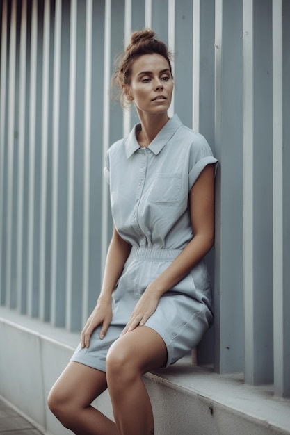 A woman in a blue dress sits on a grey wall