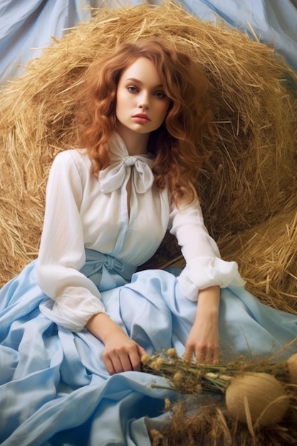 A woman in a blue dress sits in hay