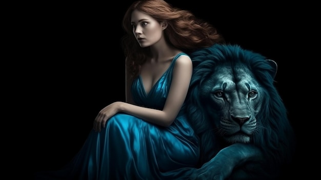 A woman in a blue dress sits next to a liongenerative ai