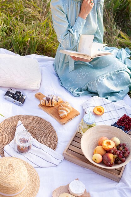 A woman in blue dress sits on a picnic in a park with panoramic view