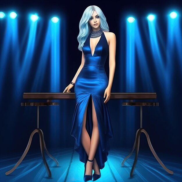 a woman in a blue dress sits on a stage in front of a stage with lights behind her