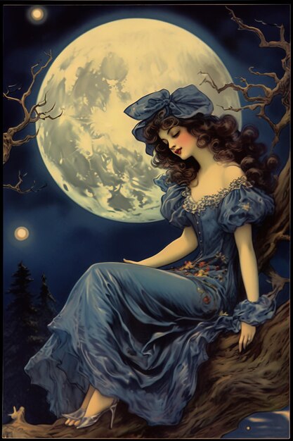 a woman in a blue dress sits in a tree with a full moon in the background