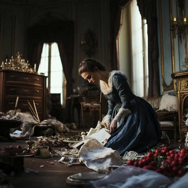 A woman in a blue dress sitting on the floor