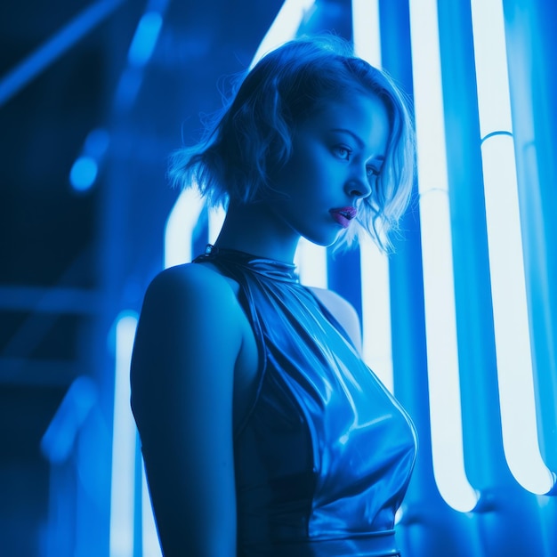 a woman in a blue dress standing in front of neon lights