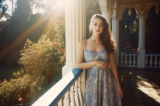 a woman in a blue dress stands on a balcony with a blue railing.