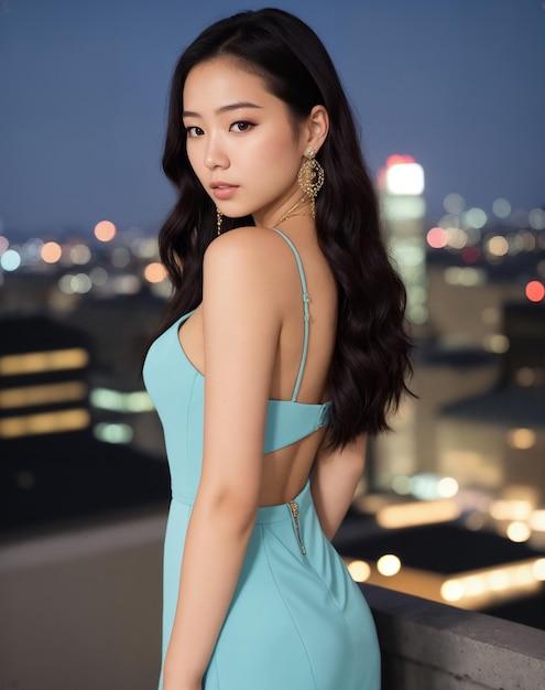 A woman in a blue dress stands on a balcony with a cityscape in the background.