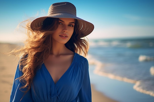 A woman in a blue dress stands on the beach in a blue dress and hat.