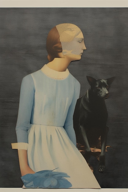 a woman in a blue dress stands next to a black dog.