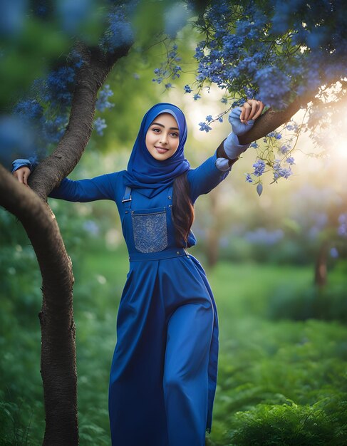 a woman in a blue dress stands in a forest with the sun behind her