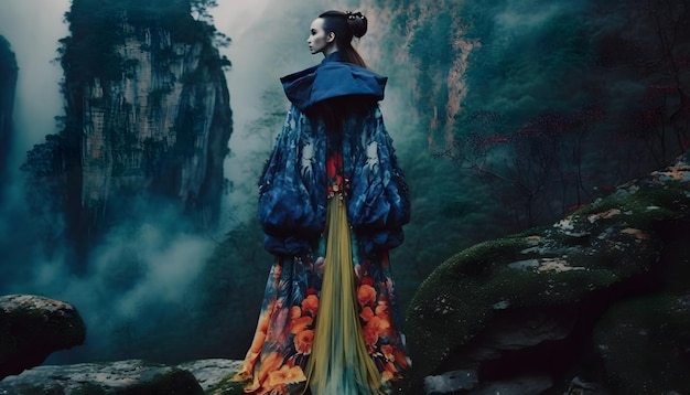 Foto una donna con un vestito blu si trova in una foresta.