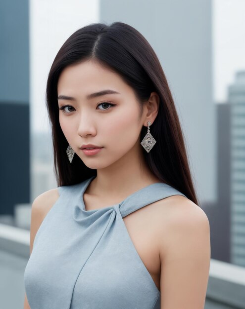 A woman in a blue dress stands in front of a cityscape.