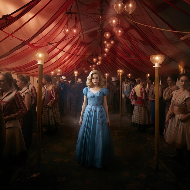 a woman in a blue dress stands in front of a group of people with paper lanterns