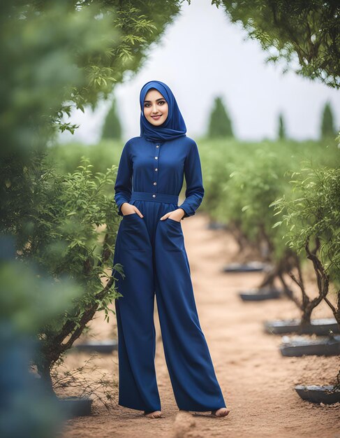 a woman in a blue dress stands in front of a row of trees