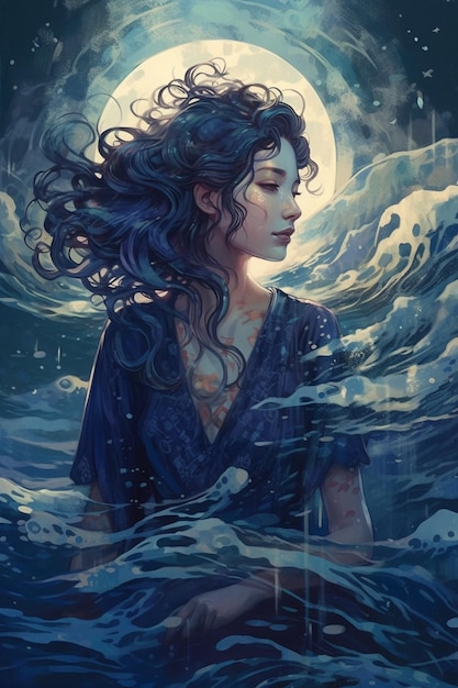 A woman in a blue dress stands in the ocean with the moon behind her.