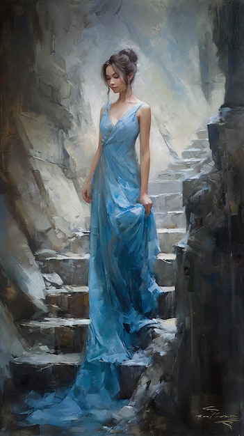 A woman in a blue dress stands on steps.