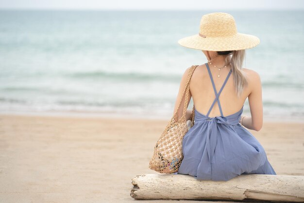 海沿いの材木に座っている青いドレスと麦わら帽子の女性