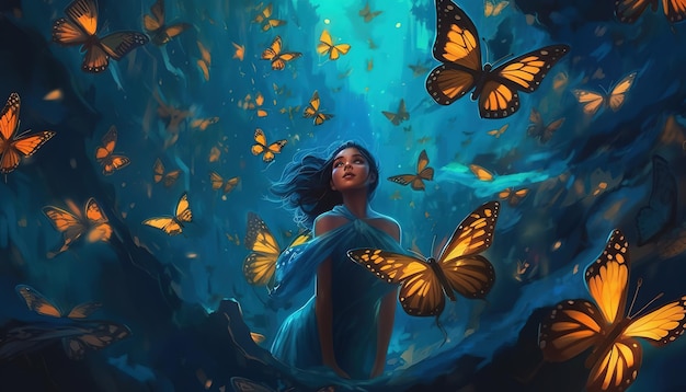 蝶に囲まれた青いドレスを着た女性
