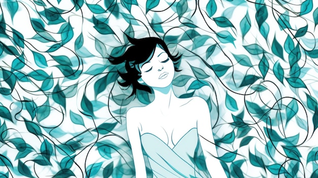 A woman in a blue dress surrounded by leaves ai