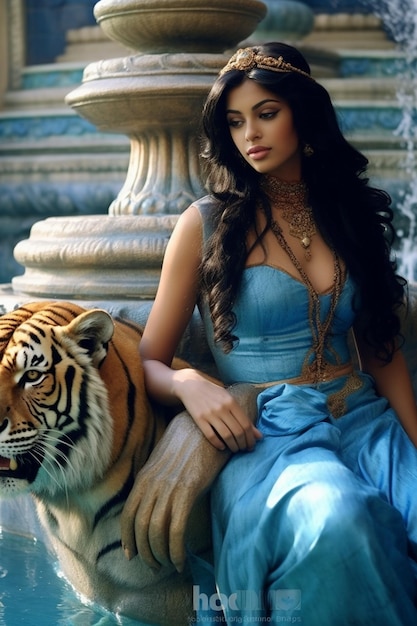 A woman in a blue dress and a tiger