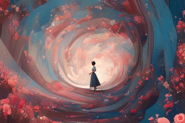 A woman in a blue dress walking through a tunnel of flowers Generative AI image