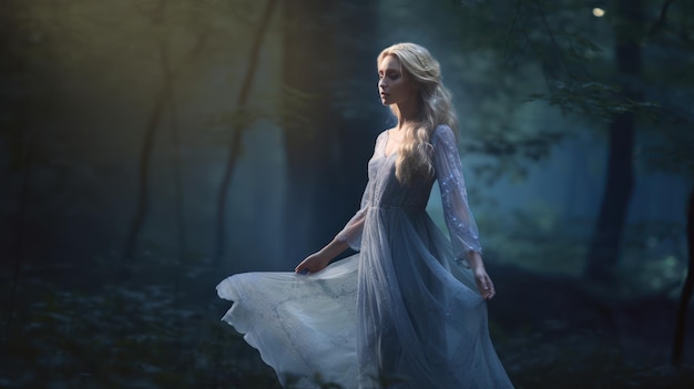 A woman in a blue dress walks through a forest.