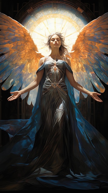 a woman in a blue dress with an angel wings.