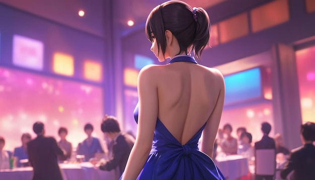 a woman in a blue dress with a backless back