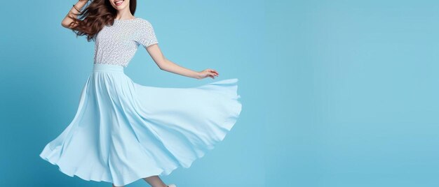 Photo a woman in a blue dress with a blue background