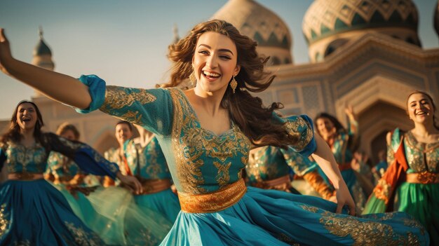 Photo a woman in a blue dress with a blue skirt and a blue dress with the words 