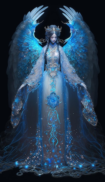 A woman in blue dress with crown and wings generative ai