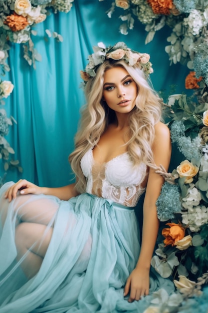 A woman in a blue dress with a flower crown sits in a chair.