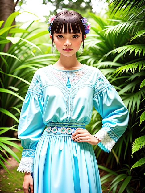 A woman in a blue dress with a flower on it