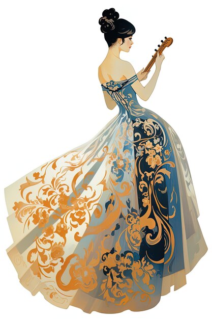 金と青い花の青いドレスを着た女性